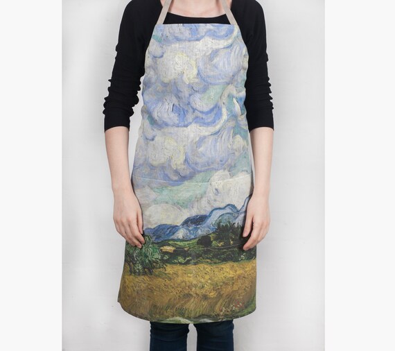 Apron, Van Gogh, Wheat Field with Cypresses, matching towel, linen apron, custom apron, free size apron, hand made apron, chef apron