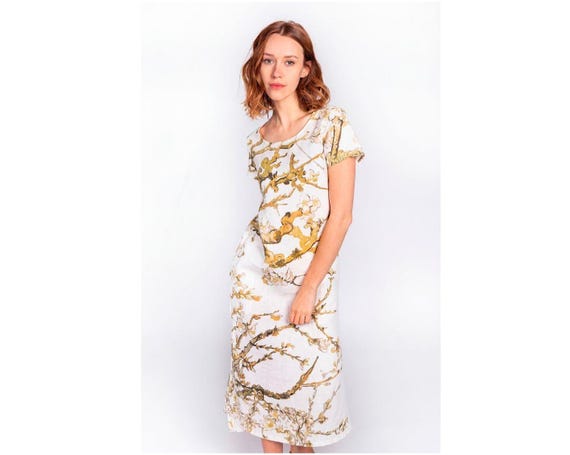 Linen Van Gogh Almond Blossom Dress, White  Edition, 100% Linen, Handmade