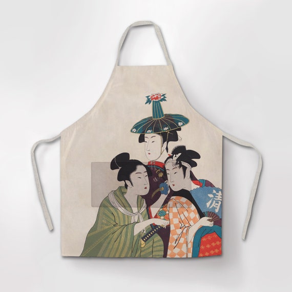 Linen apron, Utamaro Kitagawa, Three Young Women, 100% linen apron, apron wholesale, cross back apron, apron with pocket