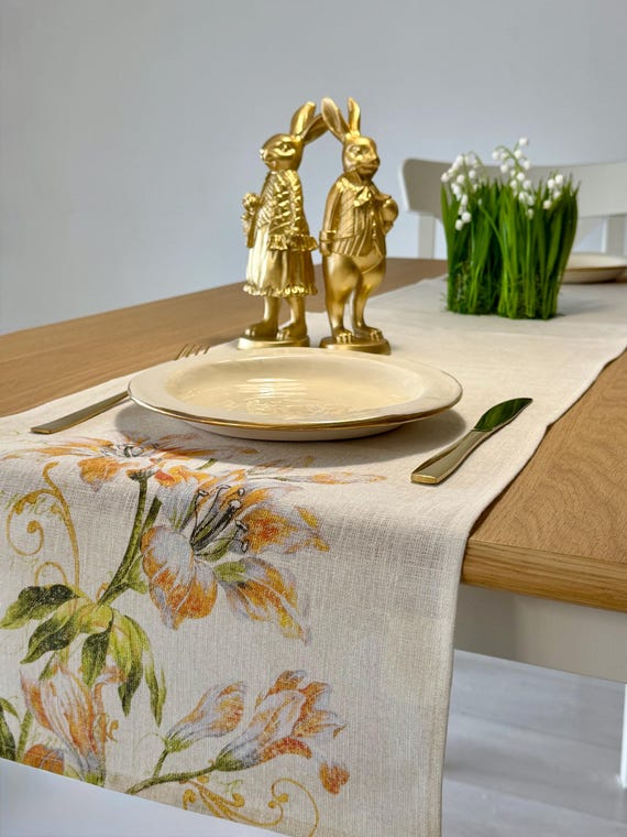 Table runner, Golden Lily, Vintage decor, 100% linen