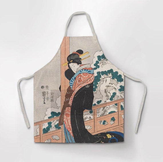 Linen apron, Beauty on a Veranda, Utagawa Kuniyoshi, 100% linen