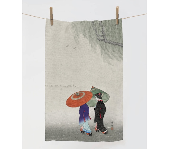 Linen towel, Two Women in Rain, Ohara Koson, Kitchen Accessories, Unique Gift Idea, Functional Art