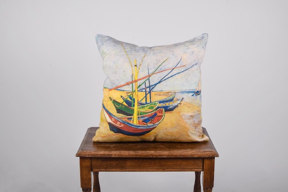 Fishing Boats On The Beach, 1888 by Van Gogh, Cushion cover, Linen pillow, Wholesale pillow, 18x18 pillow, linen pillow cover