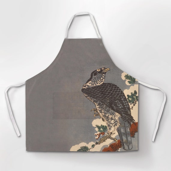 Linen apron, Keisai Eisen, Falcon on Snow-laden Pine Eyeing Sparrow, 1820's, linen apron