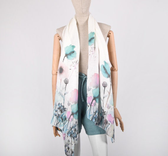 Scarf, Linen scarf, flowers print, blue yellow scarf, blanket scarf, linen shawl, gift for her, boho scarf, gift for mom, bridesmaid gift