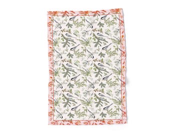 Nordic Birds Linen Kitchen Towel, Winter Holiday Decor