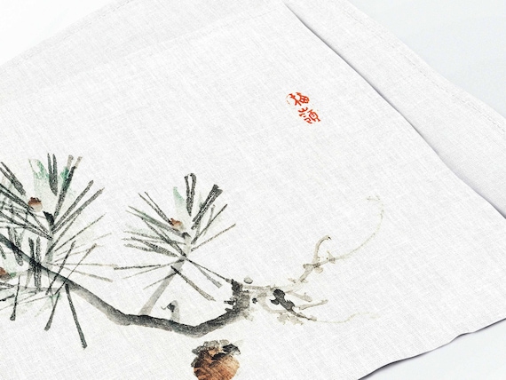 Placemats set (4 or 6), Pine by Kono Baire (1844-1895), linen placemats, minimalistic, Holiday decor, fabric placemats