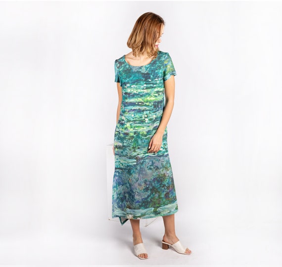 Linen dress, Claude Monet, Water Lilies, 100% linen, linen midi dress, linen summer dress, linen clothing