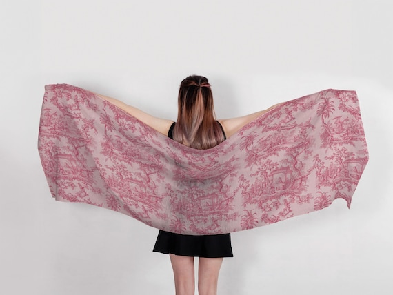 Toile Linen Scarf, Elegant Artistry for Timeless Style, toile de Jouy, Pink Edition