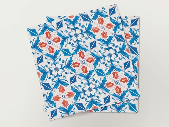 Napkins set, Tiles, linen napkins, 100% linen, fabric napkins, white blue red napkins