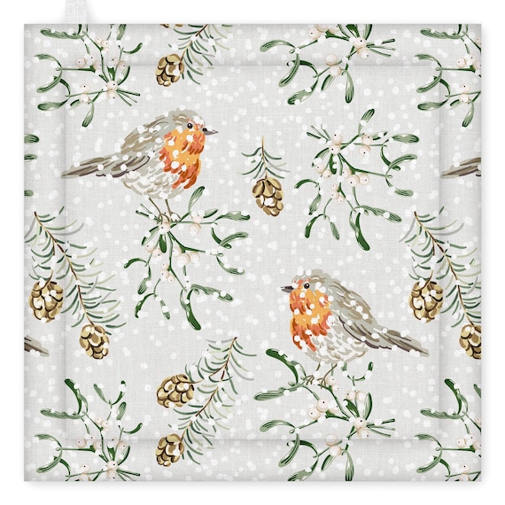 Linen Pot Holder, Winter Robins, Christmas Cat, 100% linen