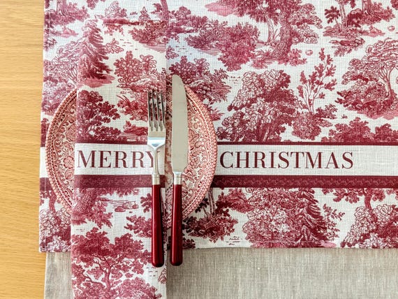 Christmas placemats, Toile Pine, Merry Christmas, Burgundy color, Holiday placemats, linens, linen placemats, Christmas decor