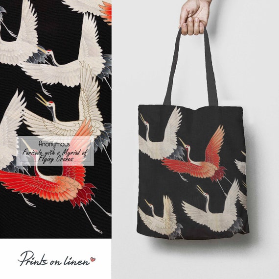 Tote bag, Cranes, tote bag pattern, Japan tote bag, Tote bag for women, linen tote bag, linen bag, Cranes print