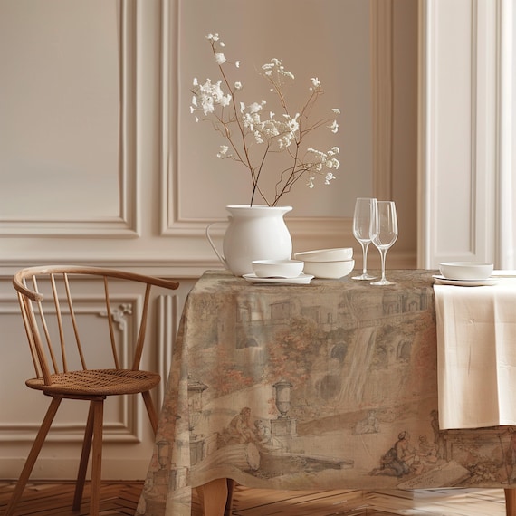 Linen Tablecloth, Gardens of the Villa d'Este at Tivoli, Vintage Design, 100% linen