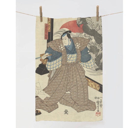 Linen towel, Utagawa Kuniyoshi, 1847-1848, Drie Acteurs, Kitchen towel, Japan towel, Vintage towel, 100% linen