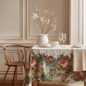 Toalha de mesa, Gerard van Spaendonck, estampa floral vintage, edição branca, 100% linho, decoração estilo casa de campo.