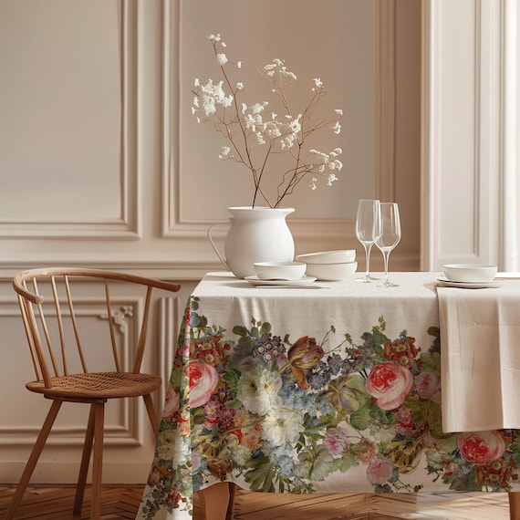 Tablecloth, Gerard van Spaendonck, Vintage flower pattern, White Edition, 100% linen, Farmhouse decor