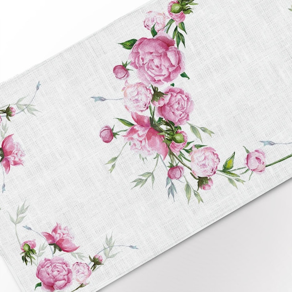 Linnen tafelloper pioenroos, aangepast formaat, bloemen bruiloftsdecor