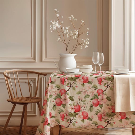Linen Tablecloth, Red Apple Blossom, Farmhouse Table Decor, 100% European Linen