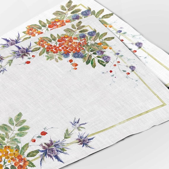 Placemats set, Sea buckthorns, linen placemats, 100% linen, housewarming gift, autumn table decor, hand made in Lithuania