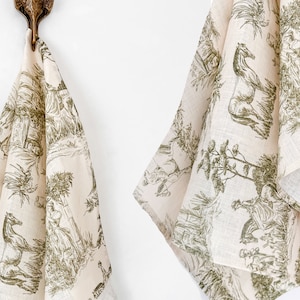 Linen towel, Toile de Jouy, Horses, kitchen towel, dish towel, linen kitchen towel, 100% linen, tea towel, hand towel