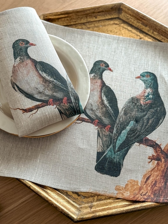 Napkins set, Two Wood Pigeons, vintage bird, Charles Collins, 100% linen