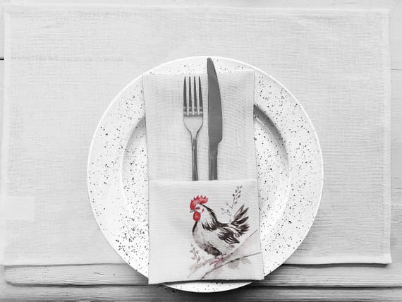 Cutlery holder, Watercolor Chicken, Easter table decor,  linen fabric, cutlery pocket, fabric cutlery holder, 100% linen