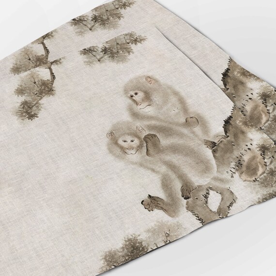 Placemats set, Japanese monkeys, Mori Sosen, linen placemats, Watercolor Monkeys, Vintage Monkey, 100% linen