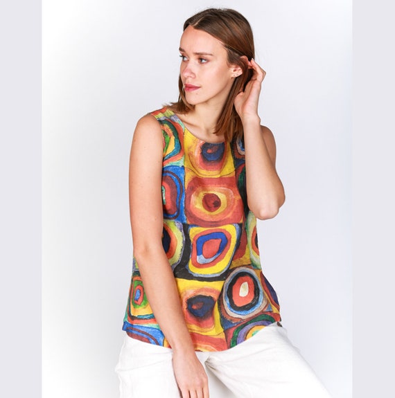 Linen top, Color Study. Squares with Concentric Circles, Kandinsky, linen shirt, women top, summer top