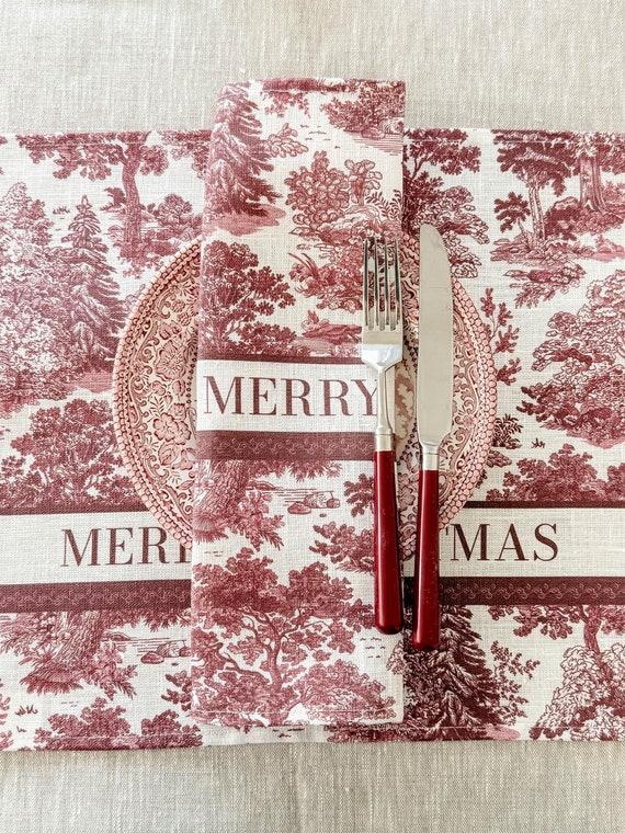 Napkins set, Toile Pine, Merry Christmas, Burgundy color, Holiday dinner, Linen napkins, Holiday decor, custom gift, Christmas napkins