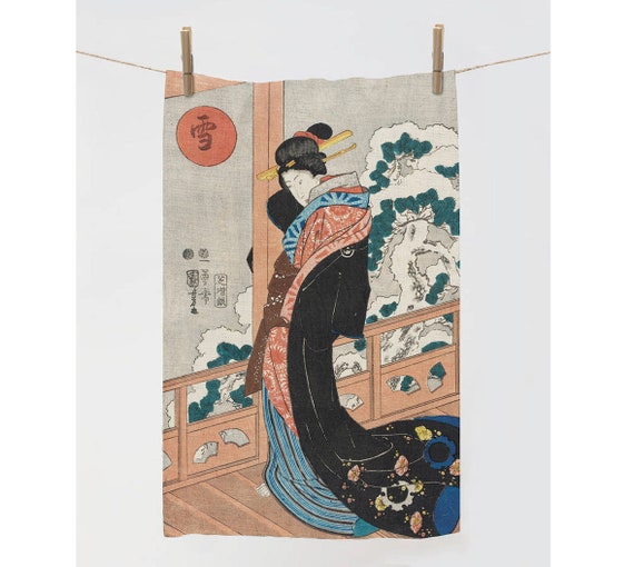 Linen towel, Beauty on a Veranda by Utagawa Kuniyoshi, Kitchen towel, Japan towel, Vintage towel, 100% linen