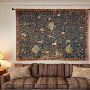 Tapeçaria Millfleurs em linho, estilo medieval para pendurar na parede.