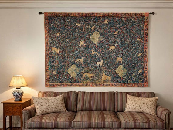 Linen Millfleurs Tapestry, Medieval Style Wall Hanging