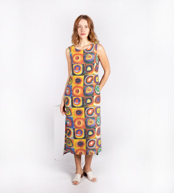 Linen dress, Color Study: Squares with Concentric Circles, Wassily Kandinsky, linen midi dress, linen summer dress, linen clothing