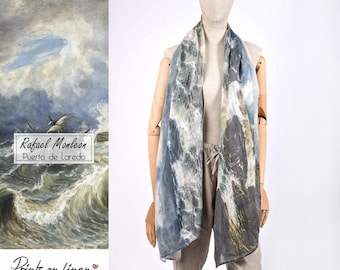 Foulard femme, Rafael Monleon, Puerto de Loredo 1883, foulard femme en lin, 100% lin, imprimé d'art vintage, foulard en lin, fabriqué à la main par Linenislove