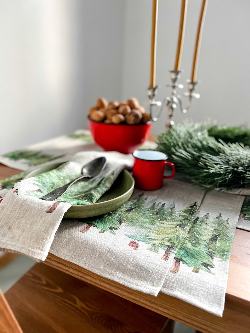 Linen Christmas Placemats, Beige Paws in the Snow, Holiday Decor image 1