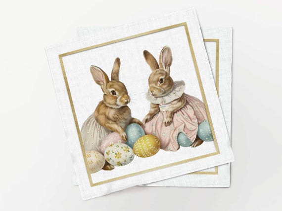 Linen Napkins, Two Bunnies with Easter Eggs, Spring Decor, 100%