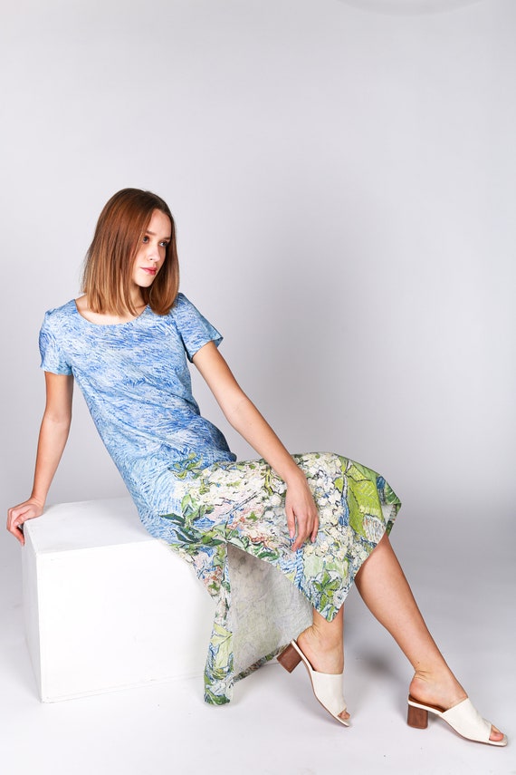 Linen dress, Van Gogh, Blossoming Chestnut Branches, Short sleeves dress, Mid-calf dress, linen dress for women, Art print dress