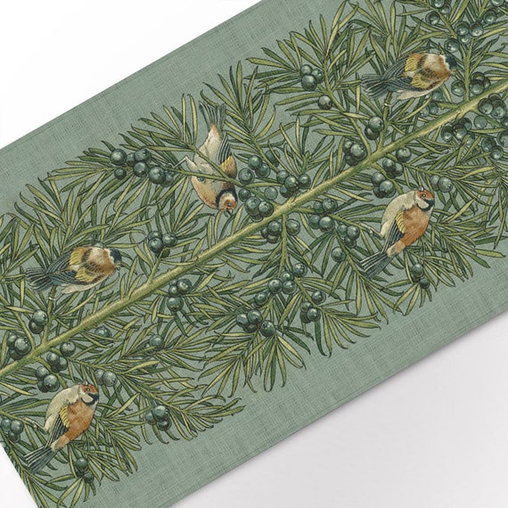 Table runner, Anton Seder, Waxwing birds, Art Nouveau, Wildlife decor, Botanical decor, Winter table runner, 100% linen