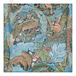 May include: A textile with a detailed botanical design featuring birds. The pattern includes large, stylized leaves in shades of blue, green, and brown, with small white flowers and birds in shades of brown, orange, and yellow.