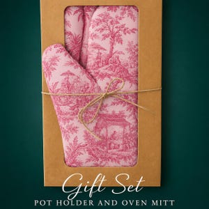 Rosa Toile de Jouy Linne grythållare & ugnsvante Presentset, handgjorda Litauen