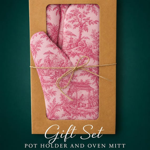 Gift set, Pot Holder and Oven Mitt, Toile de Jouy Pot, Pink Edition, kitchen accessory,