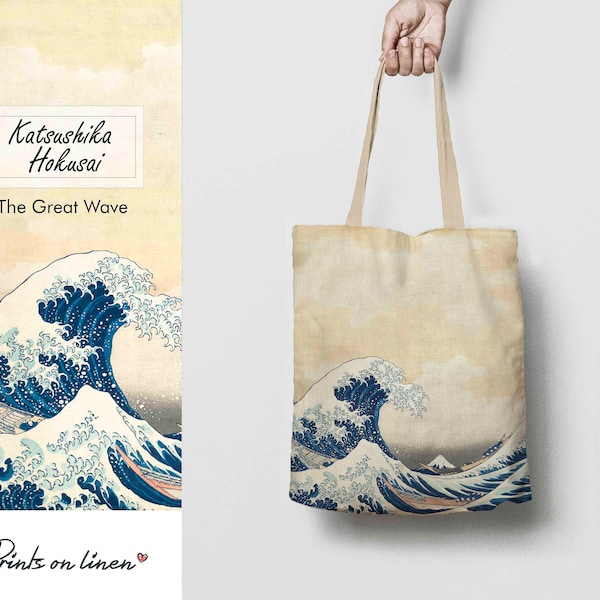 Borsa tote, Hokusai, La grande onda, borsa di lino, stampa artistica, regalo di compleanno, borsa a tracolla, borsa da insegnante, borsa vintage, borsa da strada