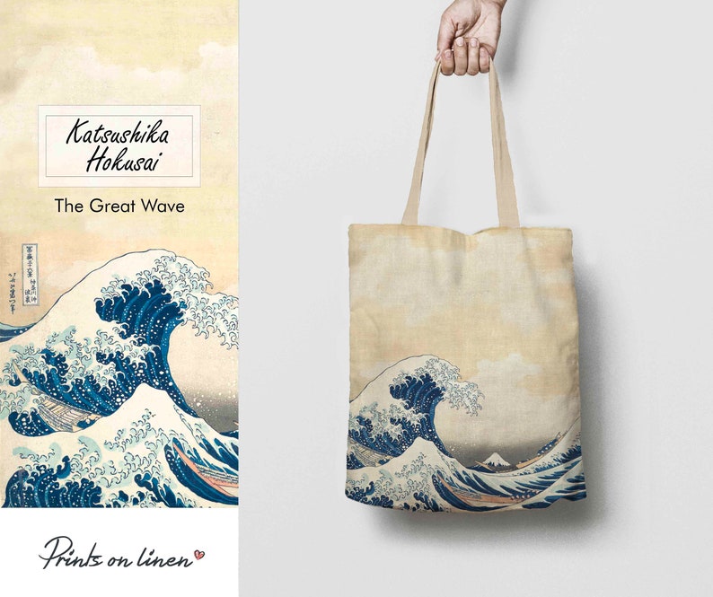 Tote bag, Hokusai, The great wave, linen bag, art print, birthday gift, shoulder bag, teacher bag, vintage bag, street bag image 1