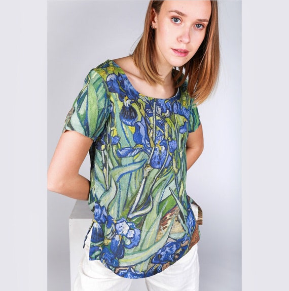 Art shirt, Vincent van Gogh, Irises, Linen top, Linen Shirt Short Sleeves, Natural Linen Shirt, summer shirt, linen blouse, women shirt