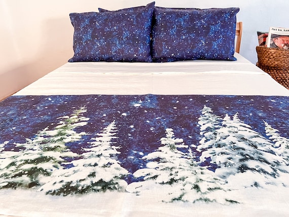 Bed runner and pillow set, Winter's night in the Woods, Irises, linen bed cover, linen blanket, linen bed throw, 100% linen
