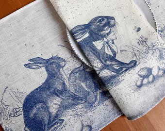 Easter placemats, Toile de Jouy Rabbit, linen placemats, Easter table decor, Easter rabbit, Toile de Jouy, 100% linen, Europe