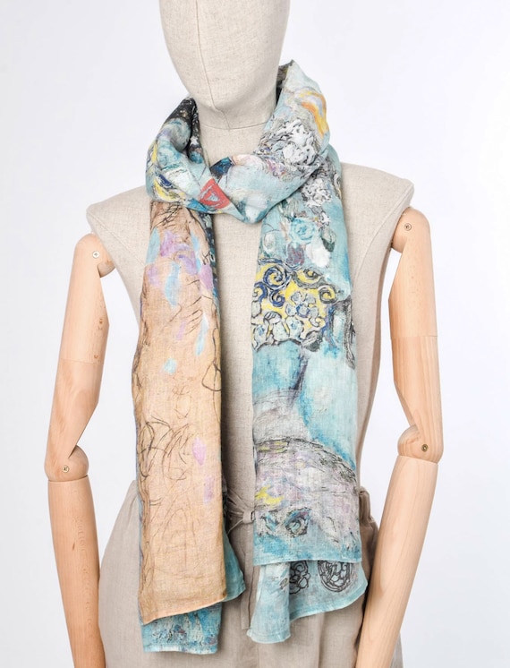 Women scarf, Gustav Klimt, Portrait of Maria Munk, Linen scarf, blanket scarf, linen shawl, vintage scarf, boho scarf, gift for mom