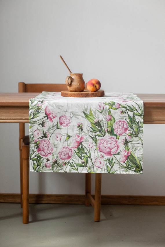 Linen table runner, peonies, 100% linen, housewarming gift, peony, easter table runner, farmhouse runner, party table decor