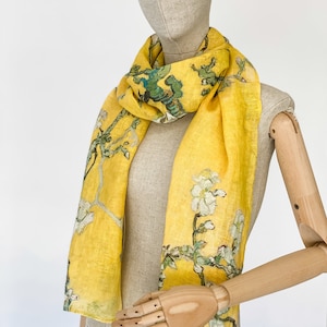 Van Gogh, Scarf, Linen scarf, Women Scarf, Light weight scarf, Almond Blossom, Mother&#39;s day gift, Fashionable mom gift, linen scarves